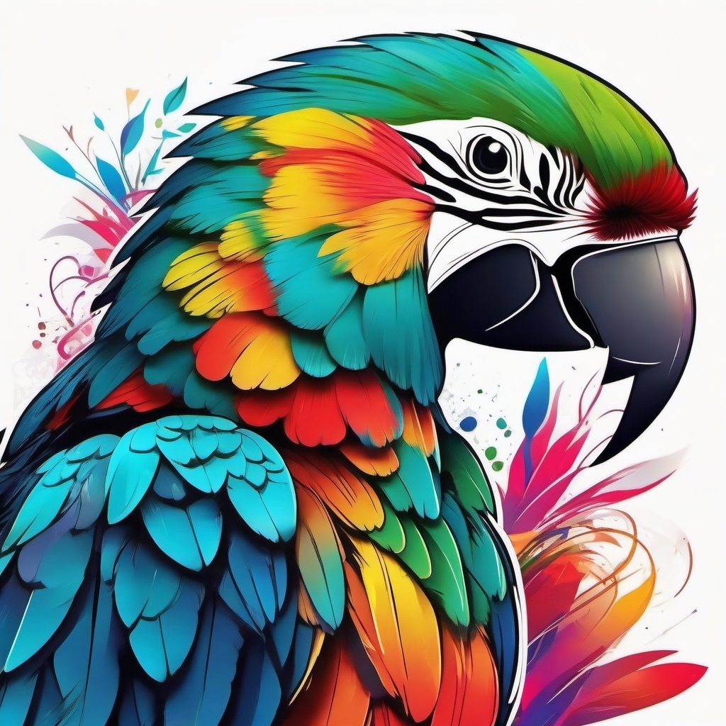 Vibrant parrot tattoo surrounded by color, like music.  color tattoo style, minimalist design, white background