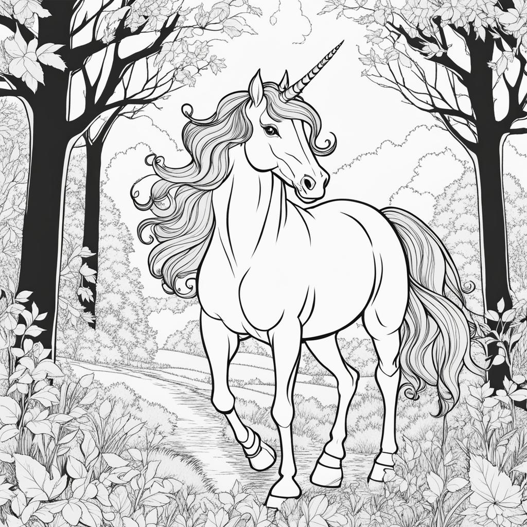 unicorn coloring pages - playful unicorn engaging in a spirited game of tag with forest creatures among sun-dappled trees. 