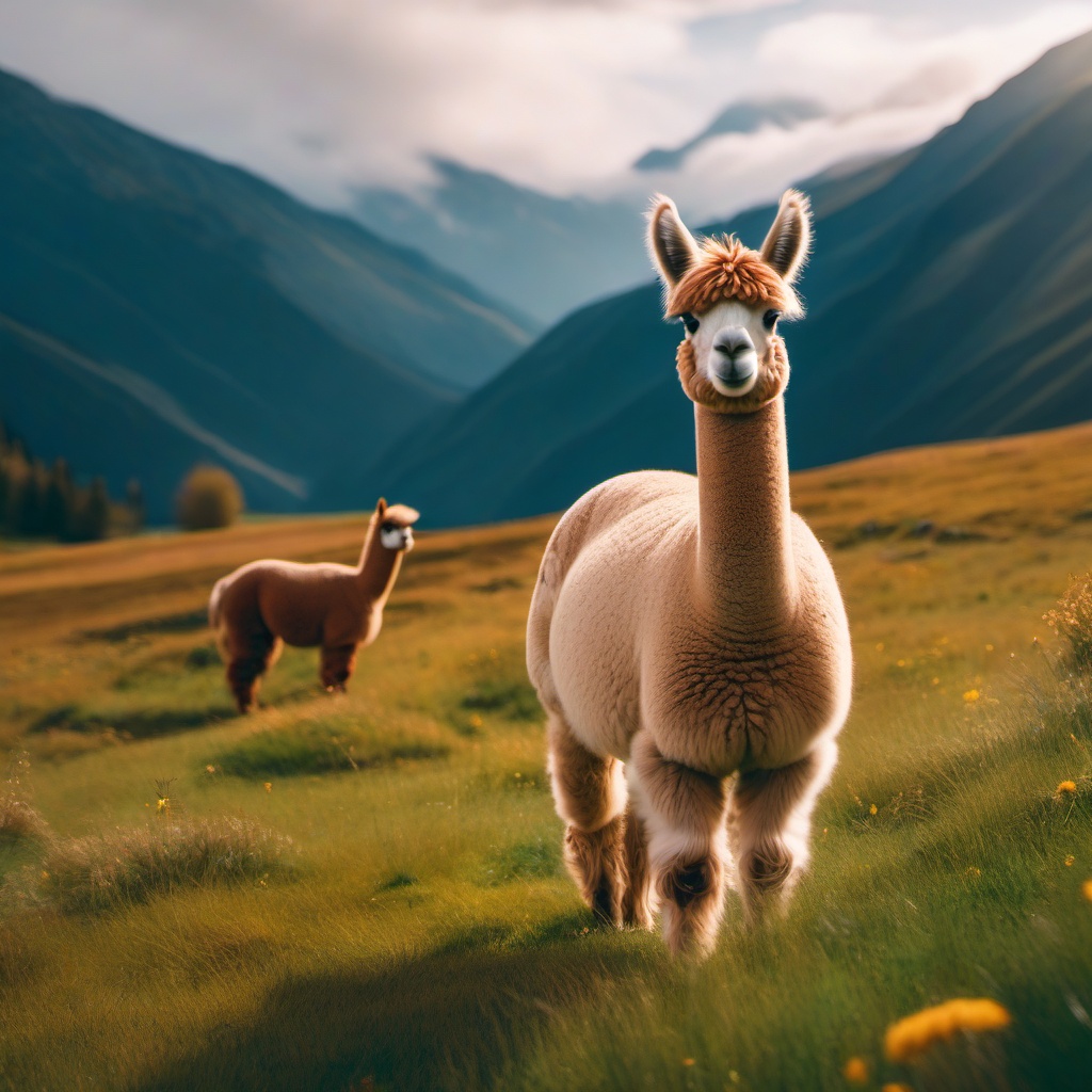 Cute Alpaca Grazing in a Mountain Meadow 8k, cinematic, vivid colors