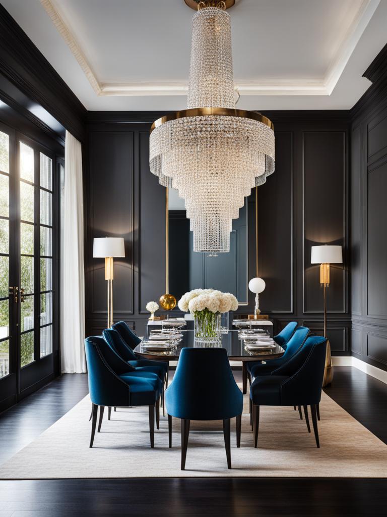 chic dining room with a crystal chandelier and contemporary furnishings. 