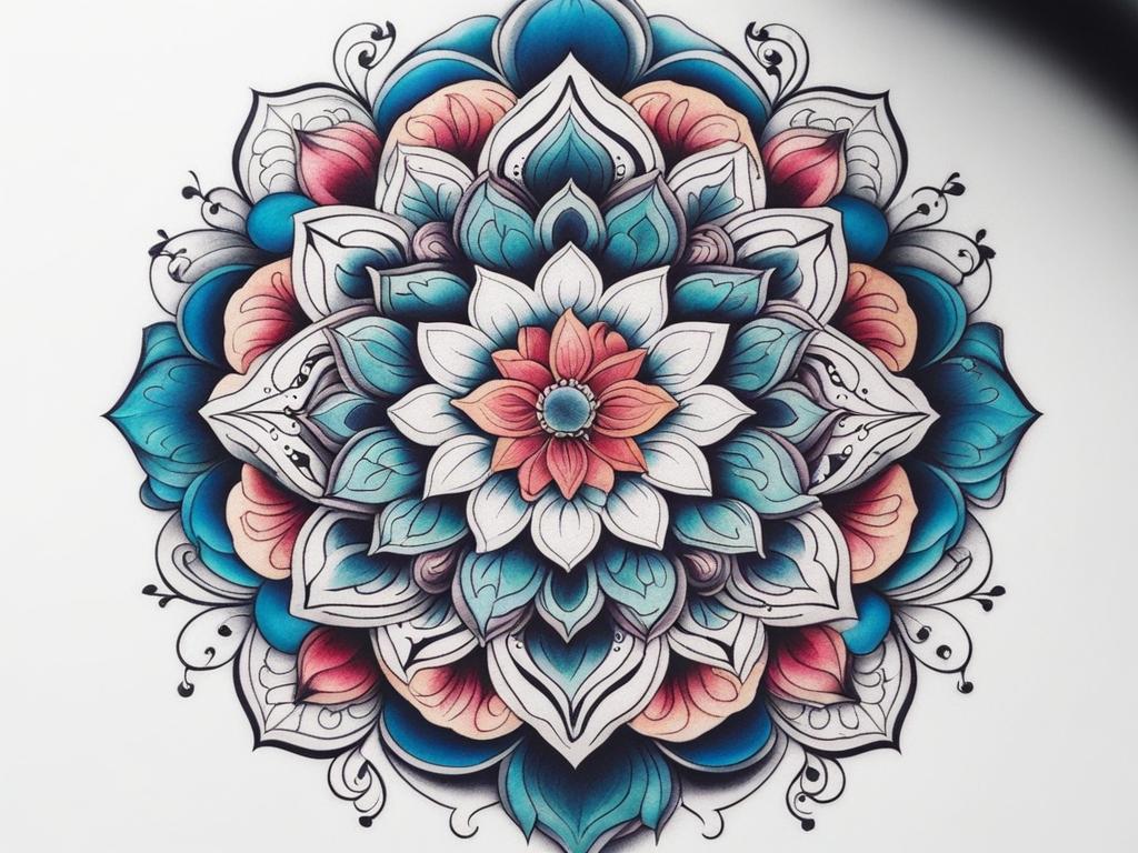 Mandala flower tattoo, Creative tattoos that combine the elegance of mandalas with floral elements. ,colorful, tattoo pattern, clean white background