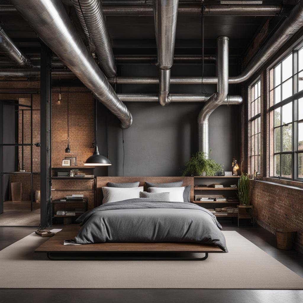 industrial-style bedroom with exposed ductwork and raw materials. 