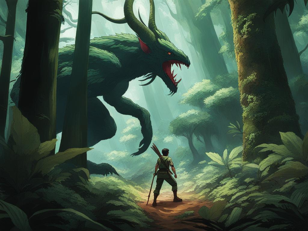 gon freecss confronts a massive chimera ant in a dense forest during a high-stakes battle. 