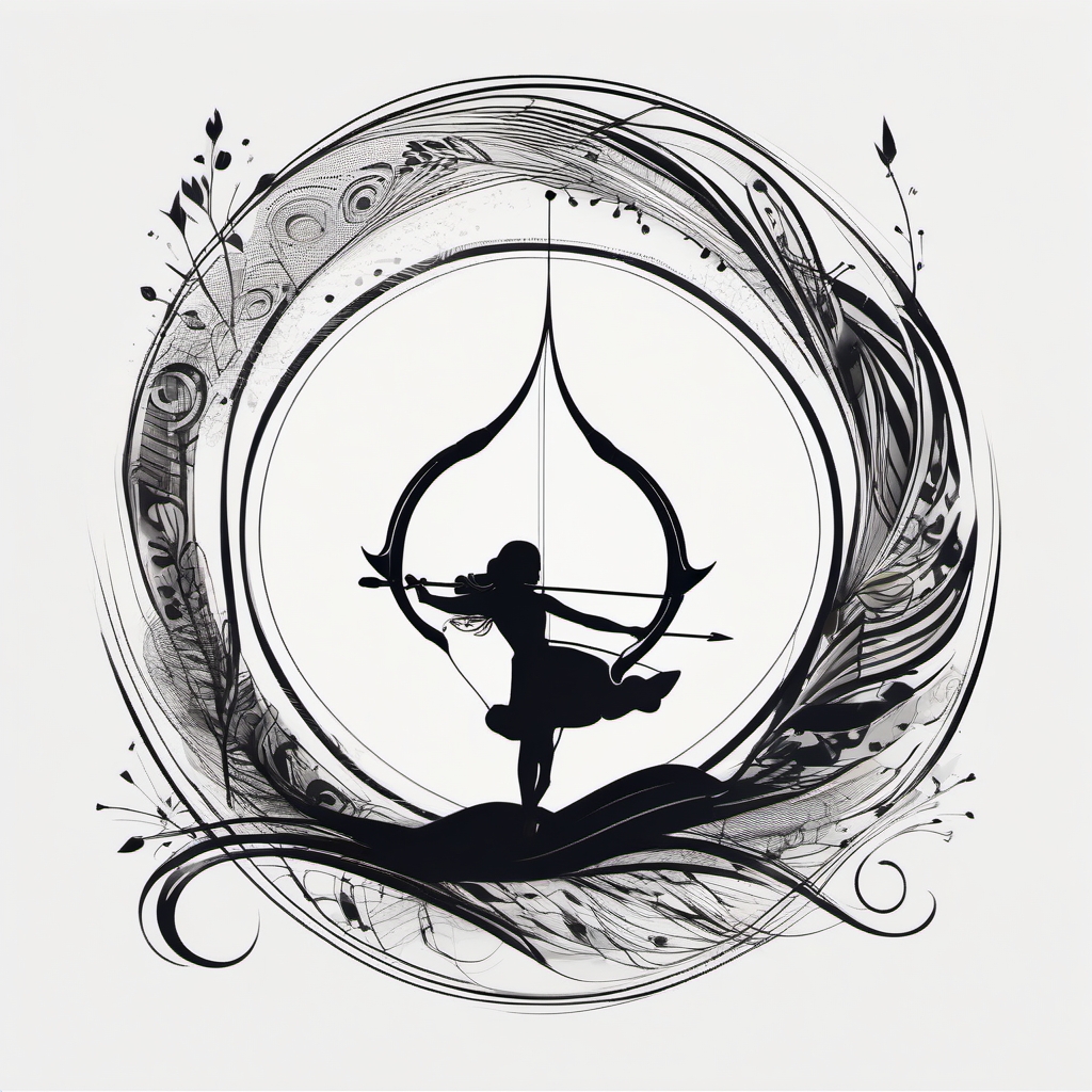 Abstract bow and arrow swirls ink. Whimsical dance of the archer.  minimalist black white tattoo style