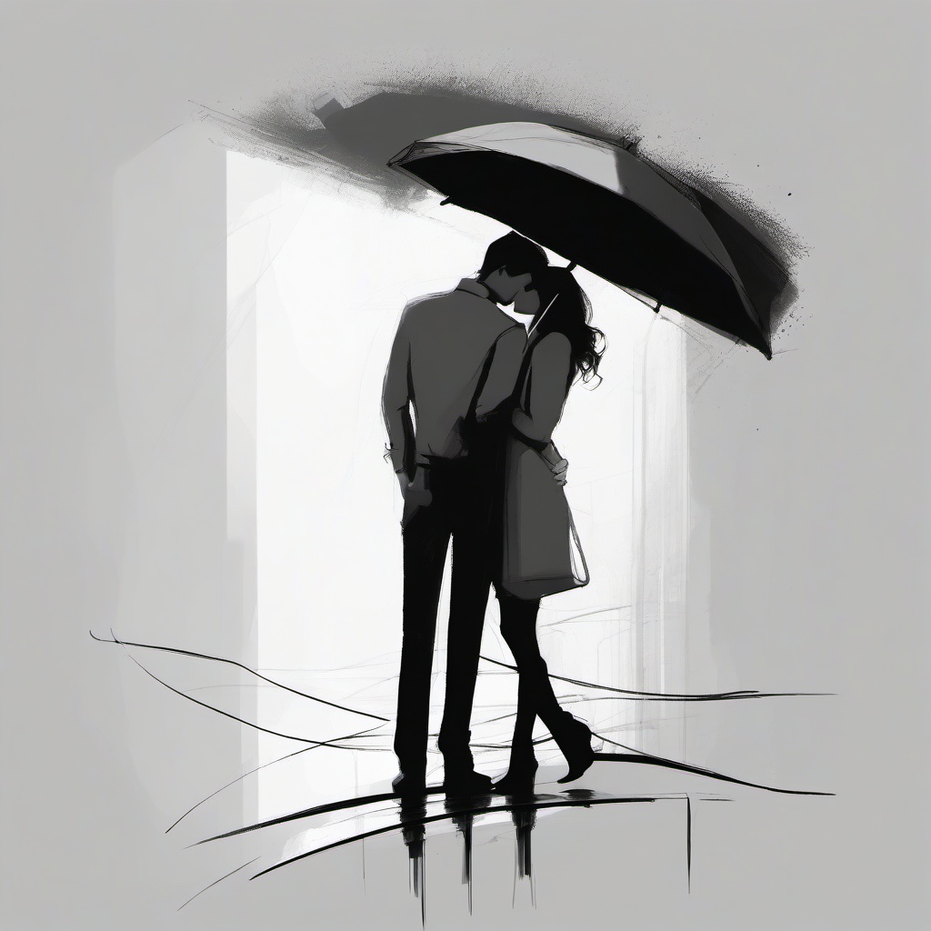 drawing of a couple sharing an umbrella  minimal rough sketch scribbles,doodles,black and white