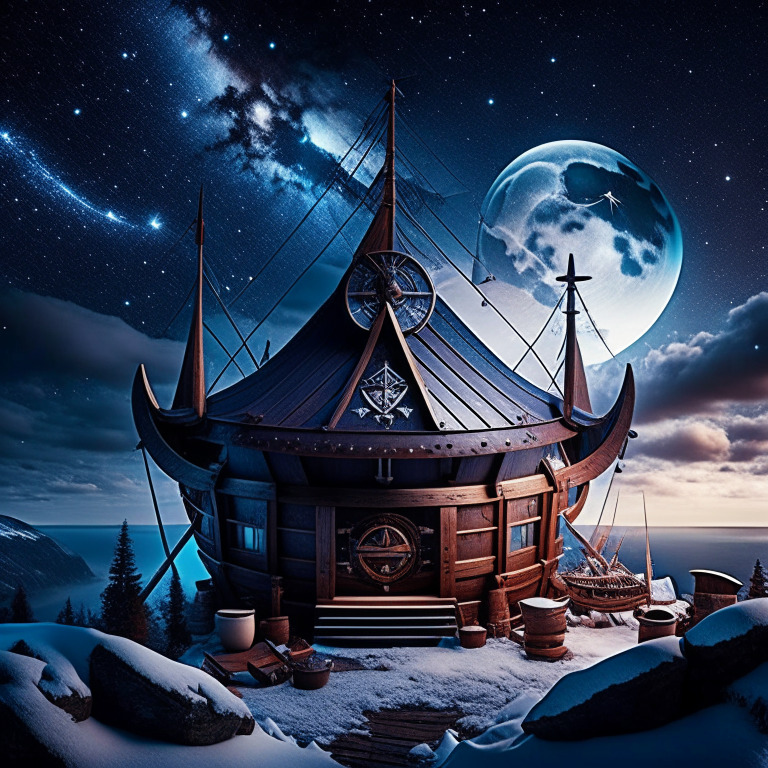 viking warrior's observatory with viking ship models and nordic constellations. 