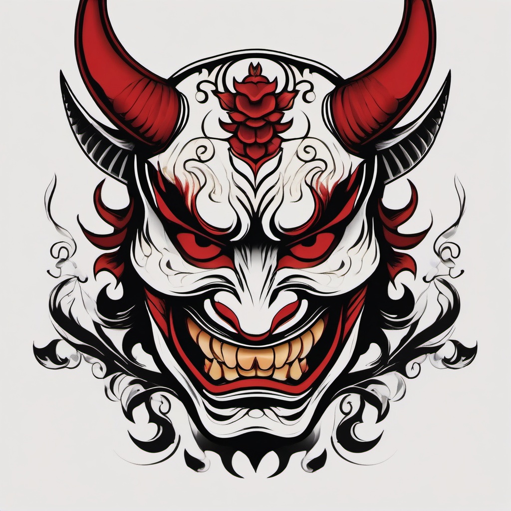 Hannya Mask Tattoo Traditional - A traditional take on the Hannya mask, capturing its essence in tattoo art.  simple color tattoo,white background,minimal