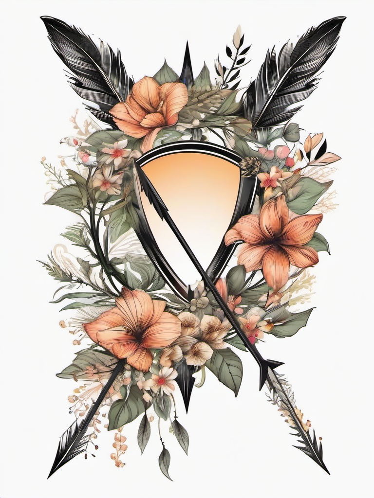 Arrow through a floral wreath ink. Nature's adornment in art.  color tattoo design, white background