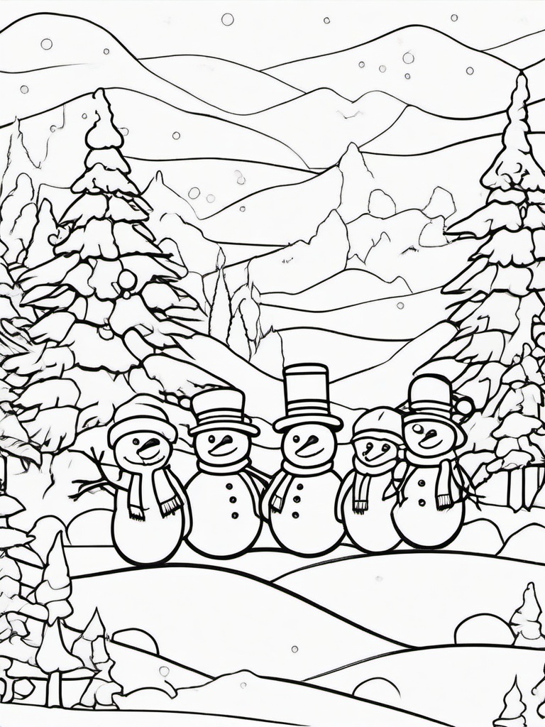 Snowman Family Coloring Pages - Group of Snowmen Having Fun in Winter  minimal black outline printable sheet, coloring page