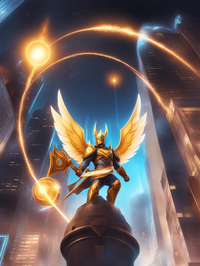 elemental hero shining flare wingman as a guardian in a whimsical cityscape. 