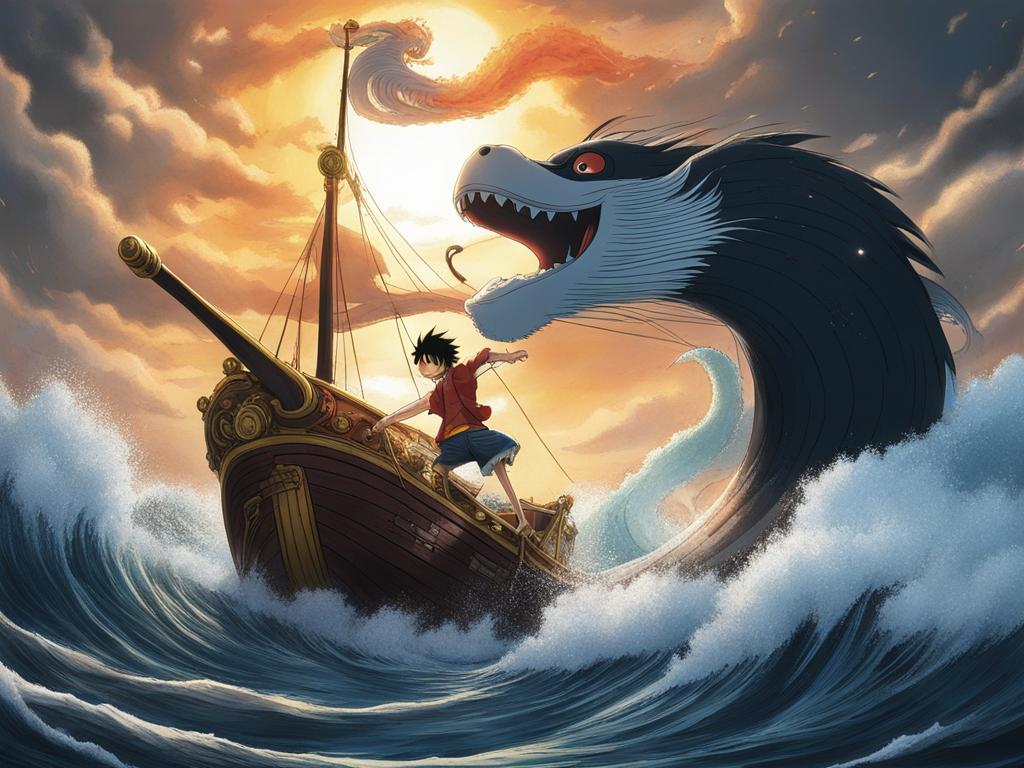 monkey d. luffy battles a sea serpent atop a stormy ocean while aboard the thousand sunny. 