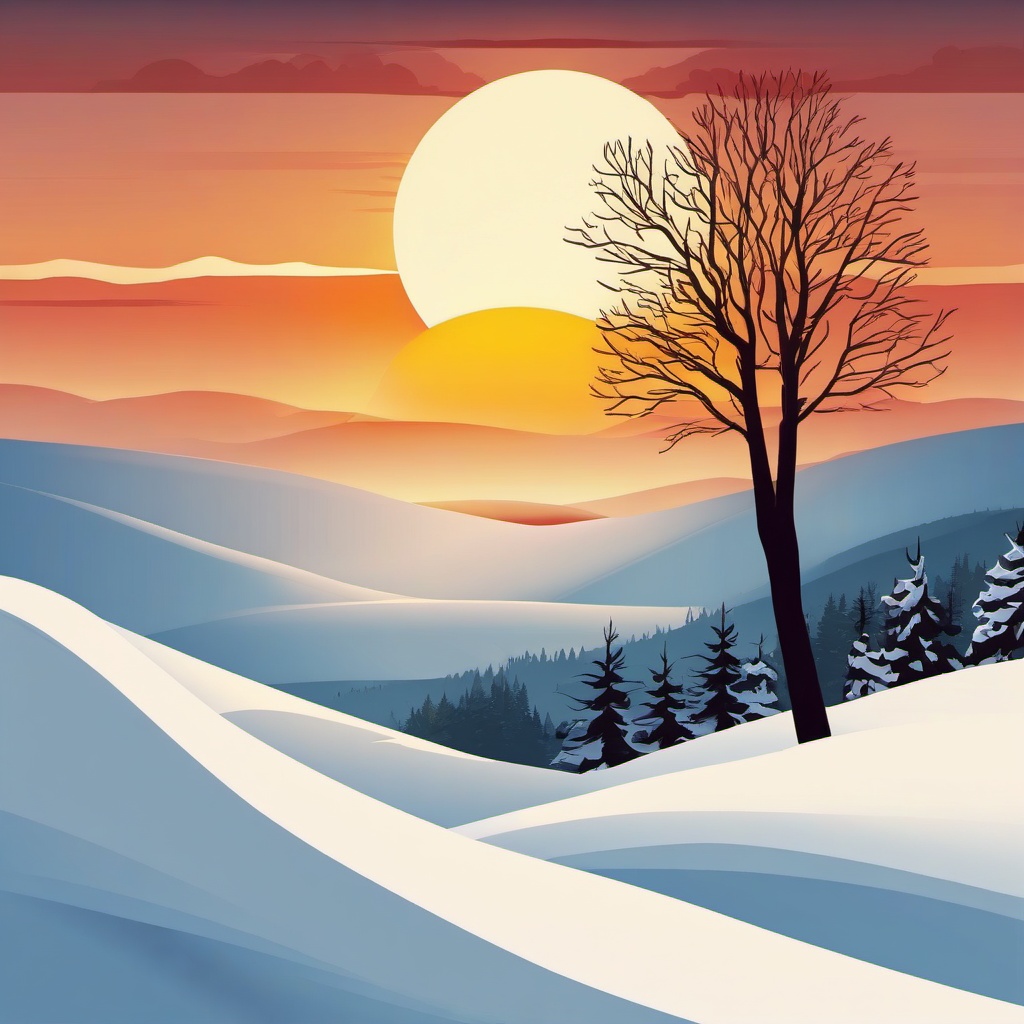 Winter Sunrise clipart - Sun rising over a winter landscape, ,vector color clipart,minimal