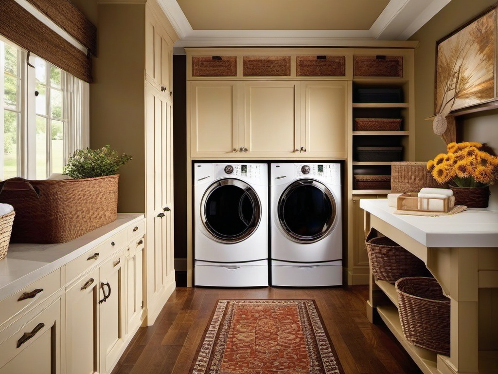 Country laundry room combines sturdy cabinetry, warm colors, and simple decorations to create a cozy atmosphere for laundry tasks.  