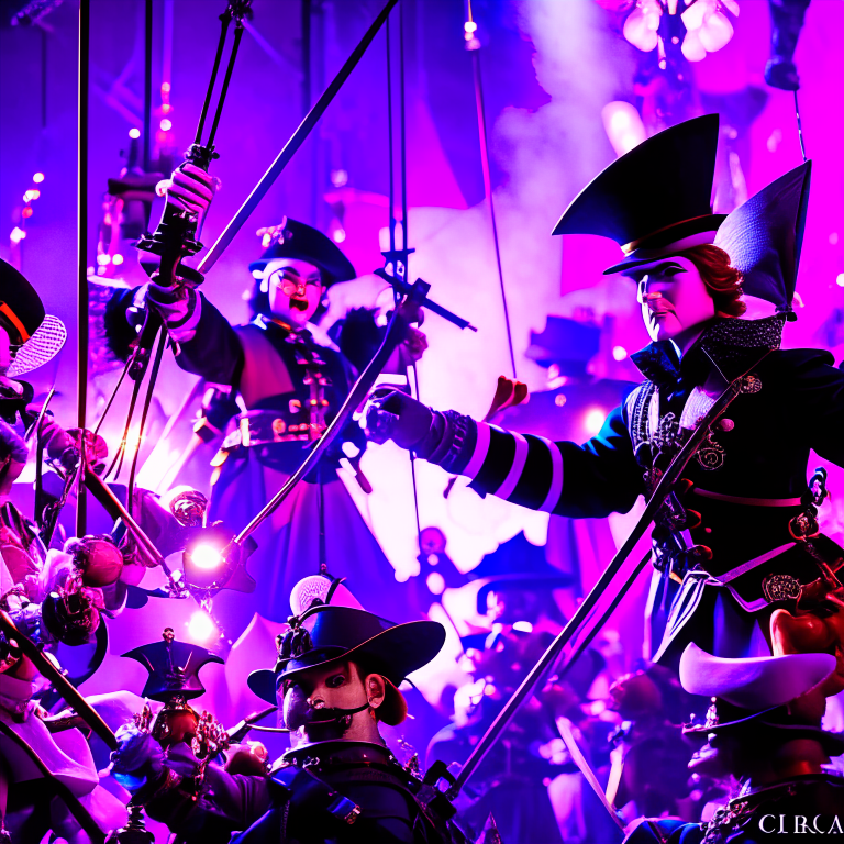 clockwork puppeteer manipulating a battalion of enchanted marionettes in battle. 