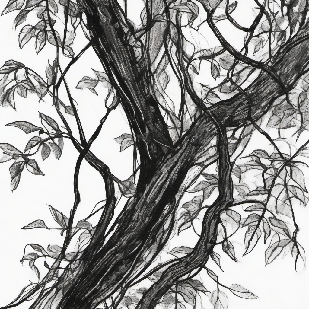 drawing of a vine climbing a tree  minimal rough sketch scribbles,doodles,black and white