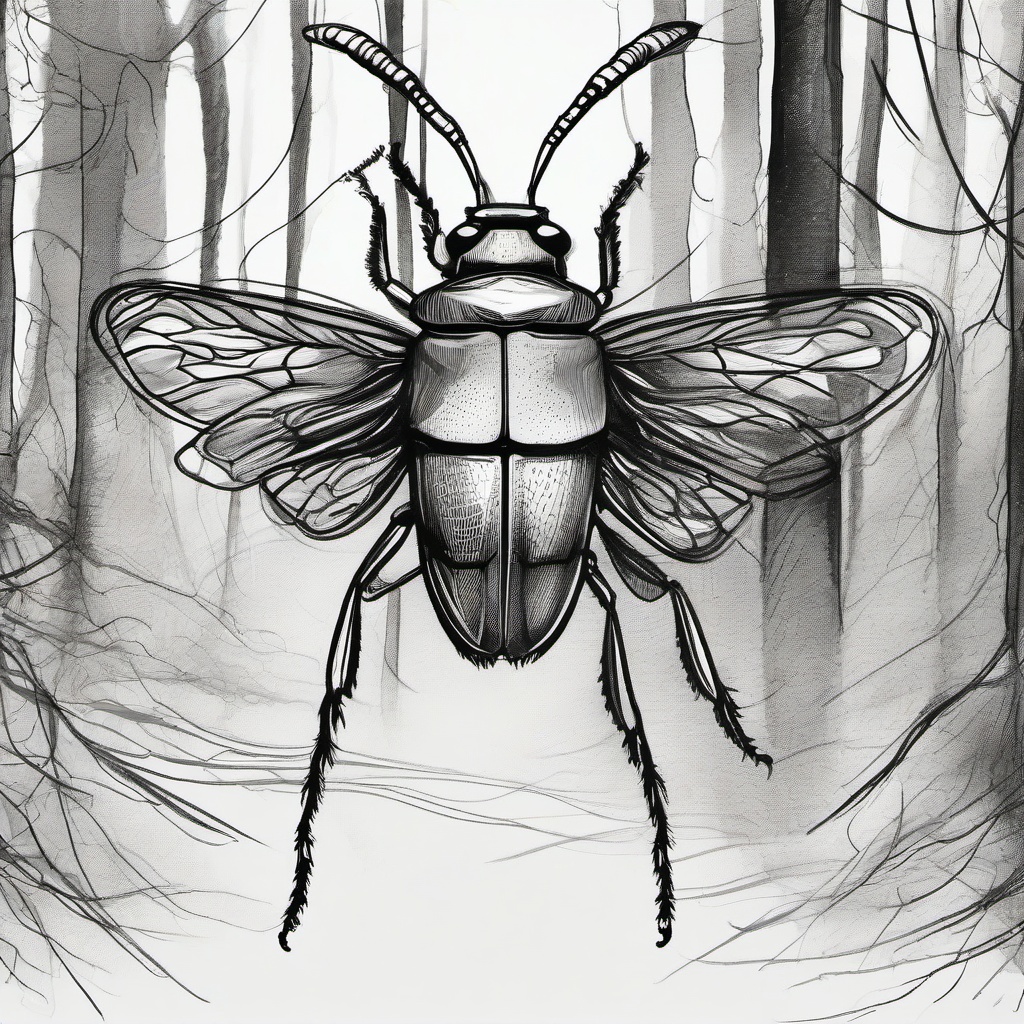 drawing of an insect in a forest  minimal rough sketch scribbles,doodles,black and white