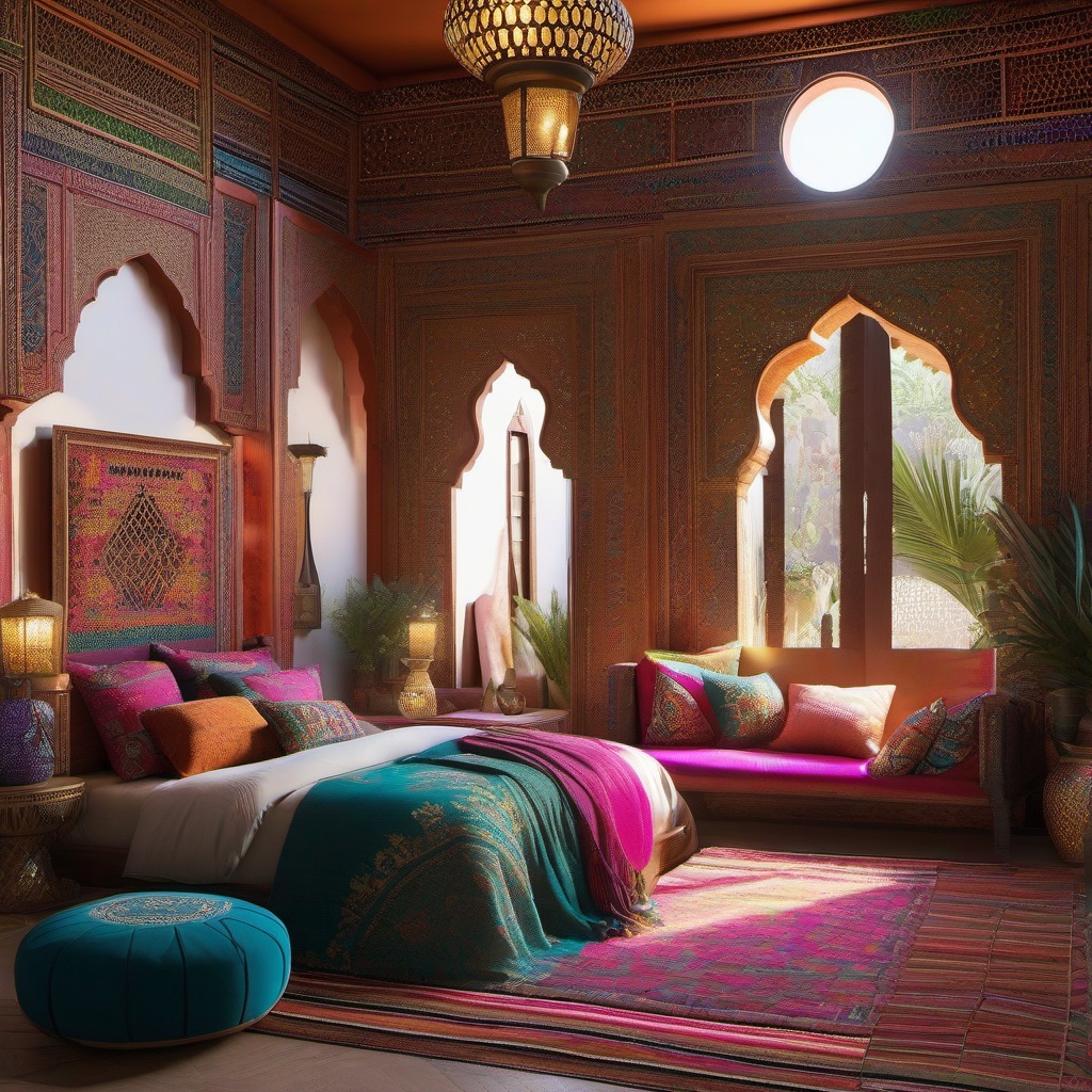 Moroccan Oasis Bedroom - Transport your bedroom to the enchanting world of Morocco. , bedroom interior decor design ideas, multicoloured, photo realistic, hyper detail, high resolution,