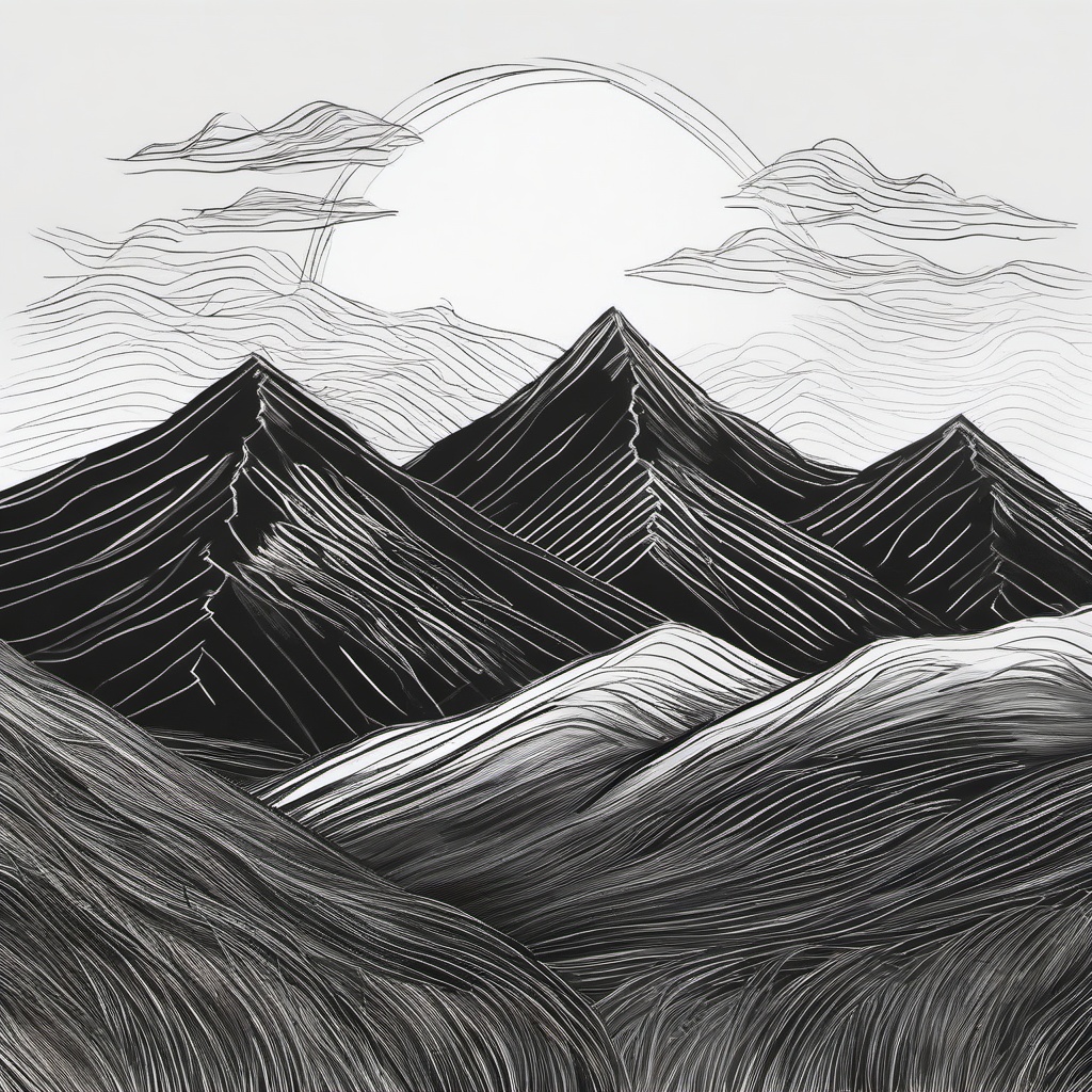 drawing of a sun over the mountains  minimal rough sketch scribbles,doodles,black and white