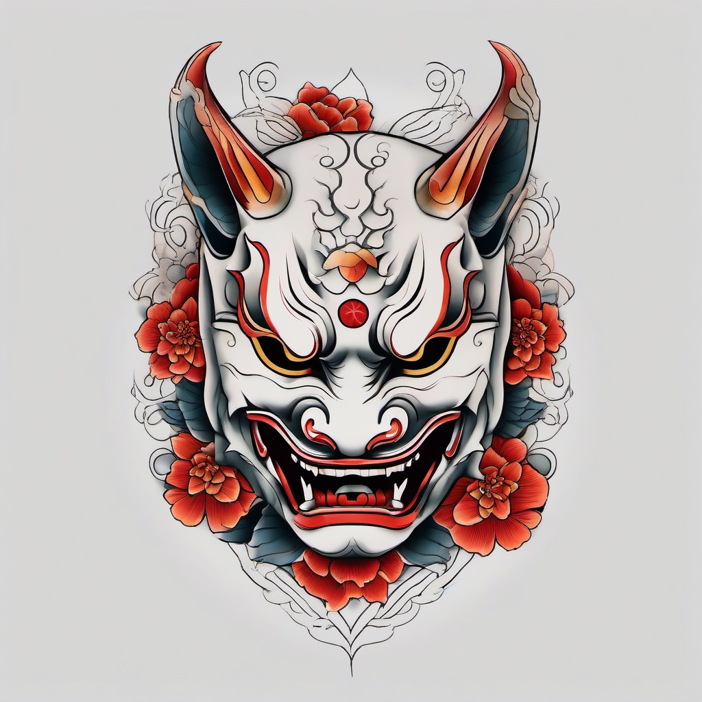 hannya mask and koi tattoo  simple color tattoo,white background,minimal