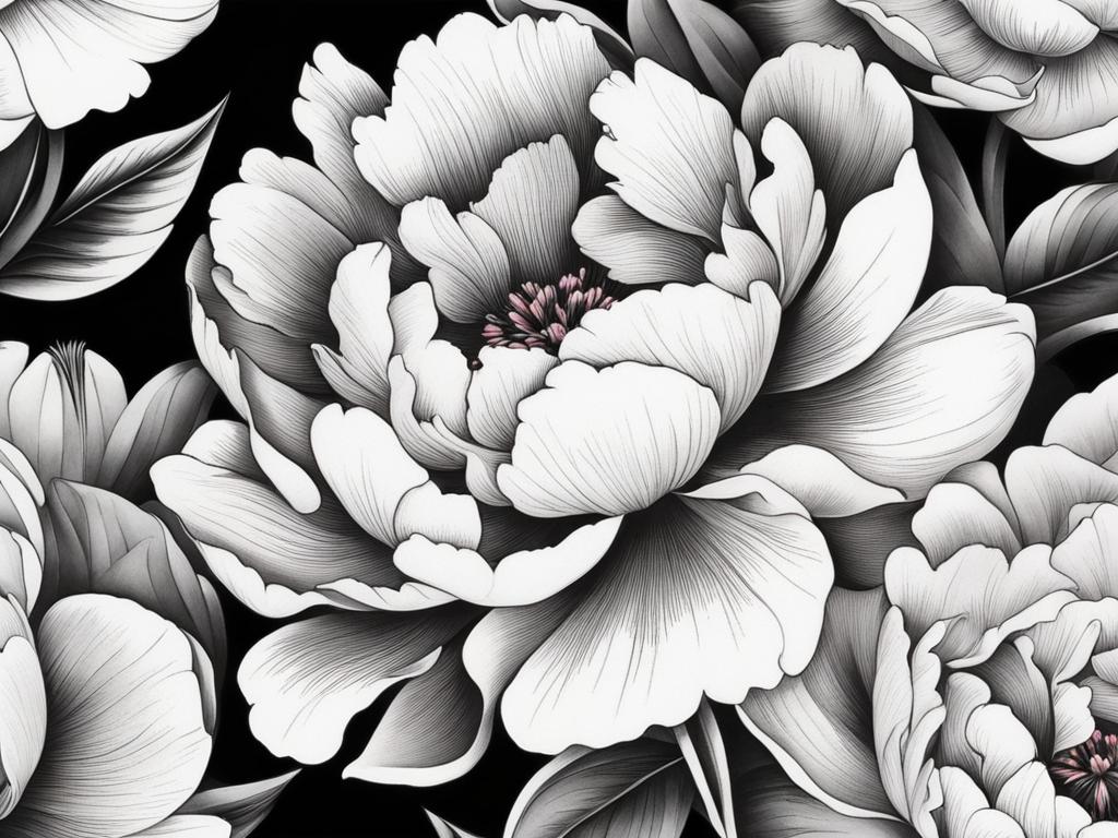 Peony flower tattoo, Elegant tattoos featuring the vibrant and iconic peony flower.  vivid colors, white background, tattoo design