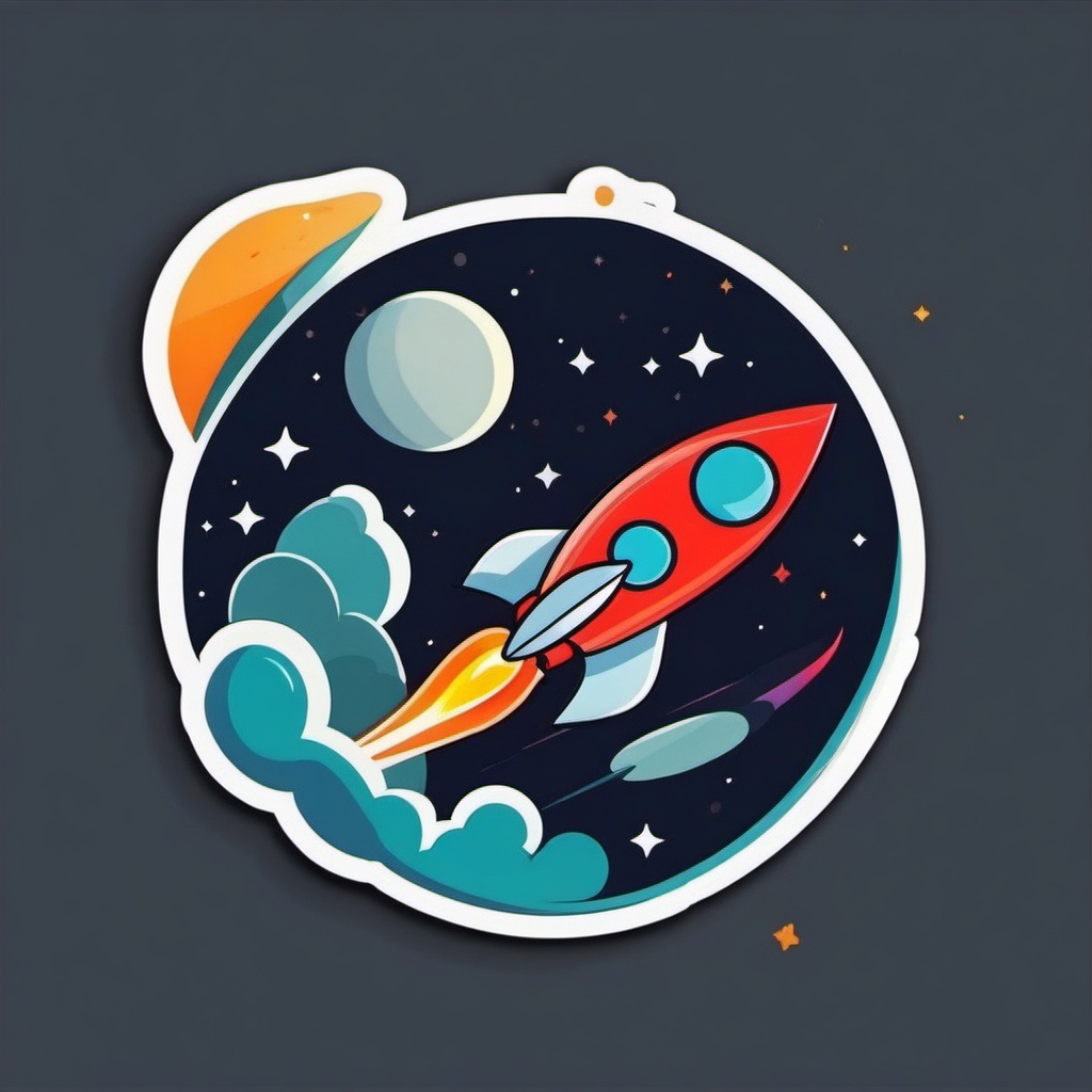 Rocket Sticker - Cartoon rocket launch, ,vector color sticker art,minimal