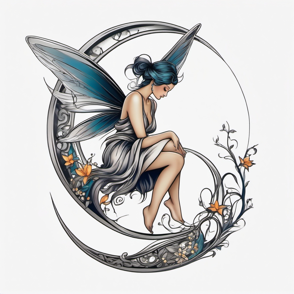 fairy on a moon tattoo  simple color tattoo style,white background