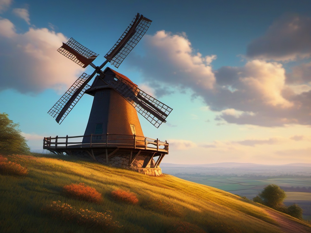 Rustic windmill, perched on a hill, turns with the power of the wind, a symbol of simplicity and harmony with nature. hyperrealistic, intricately detailed, color depth,splash art, concept art, mid shot, sharp focus, dramatic, 2/3 face angle, side light, colorful background