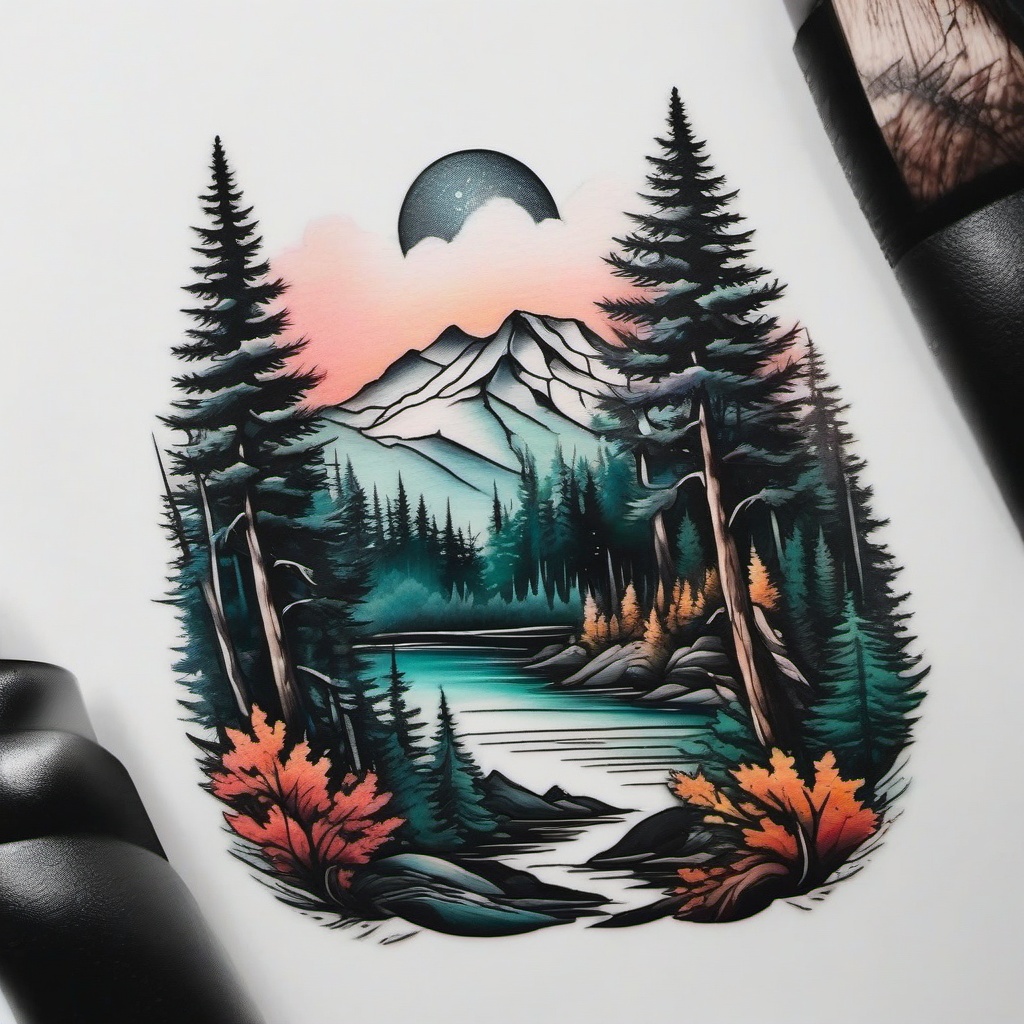 mountain forest tattoo  simple color tattoo,white background