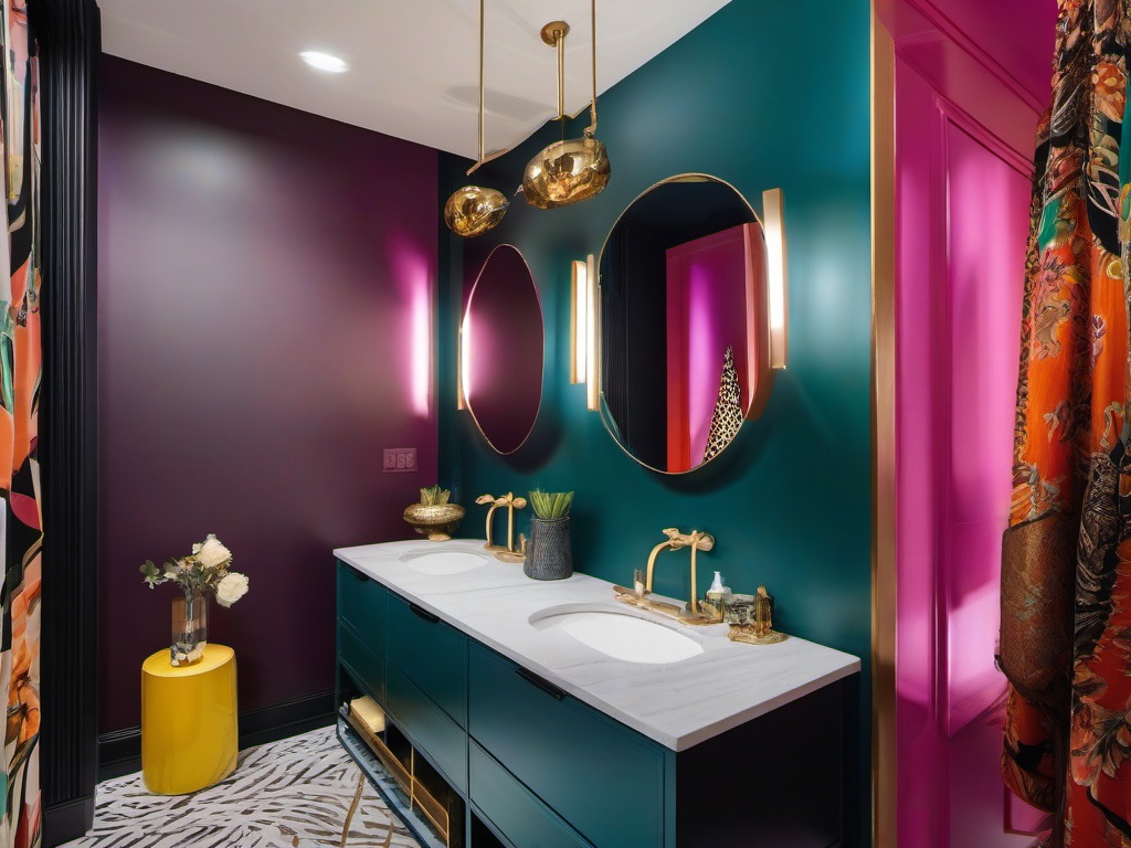 In the guest bathroom, maximalist interior design features bold fixtures, vibrant decor, and playful accents that create a welcoming atmosphere for visitors.  