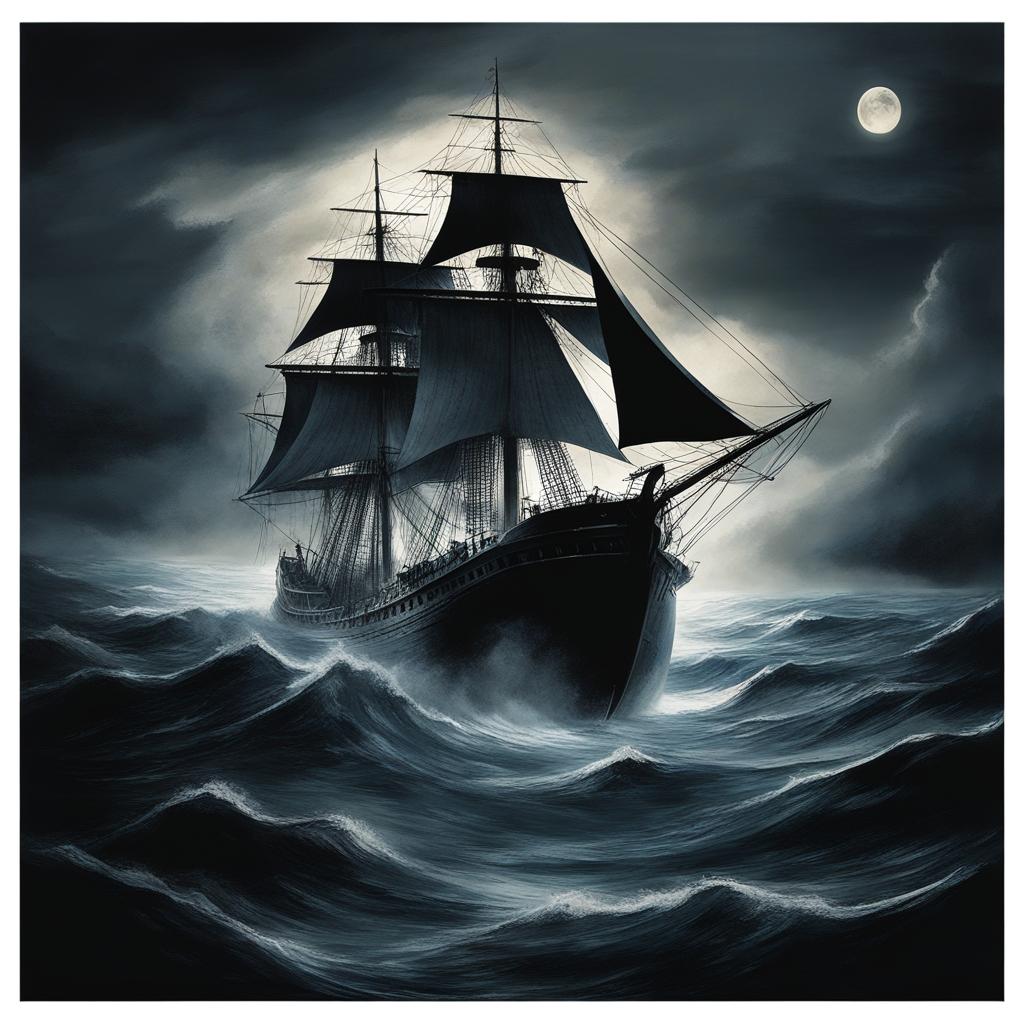 phantom ship on dark waters - paint a phantom ship sailing on dark and stormy waters, manned by ghostly sailors. 