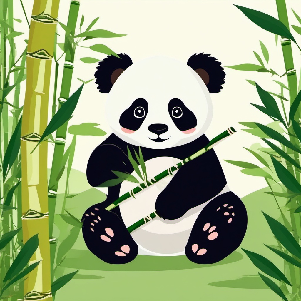 Panda Clip Art - Cute panda munching on bamboo,  color vector clipart, minimal style