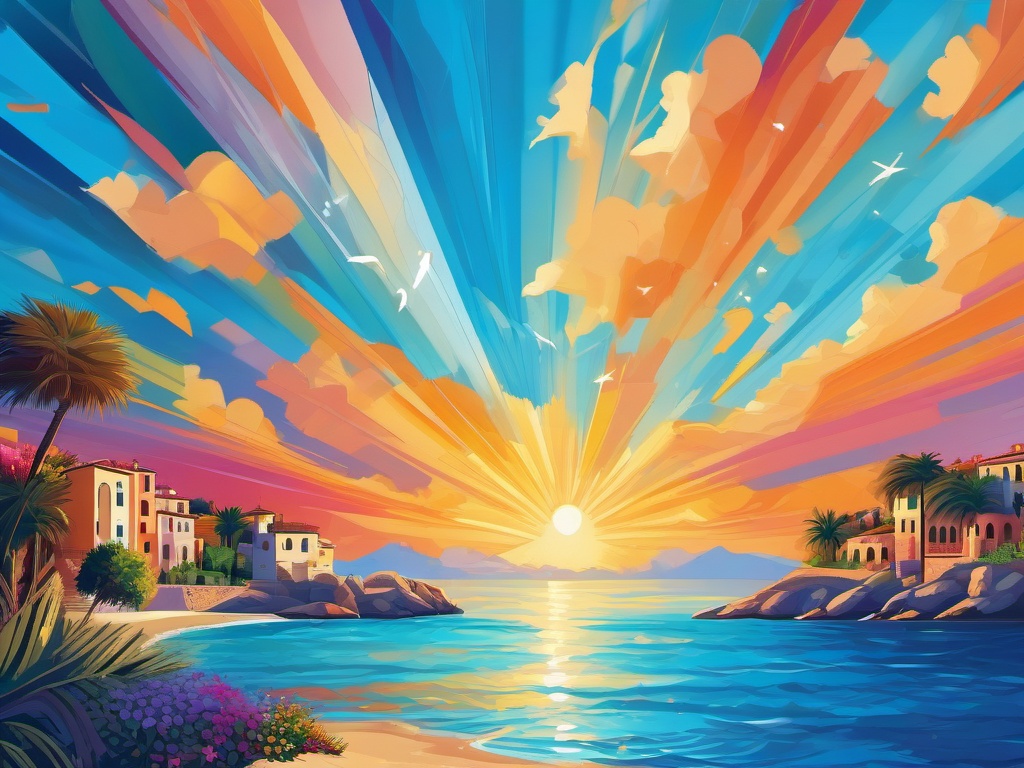 Mediterranean Summer Sky Background with Crystal Clear Skies wallpaper splash art, vibrant colors, intricate patterns