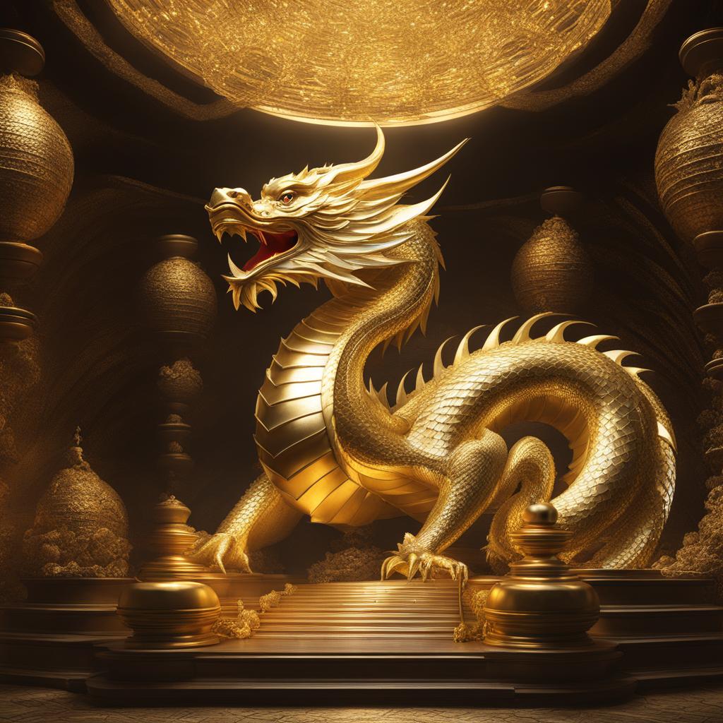 golden dragon dwelling in a cavern filled with gleaming treasures, its golden scales reflecting wealth and opulence. 