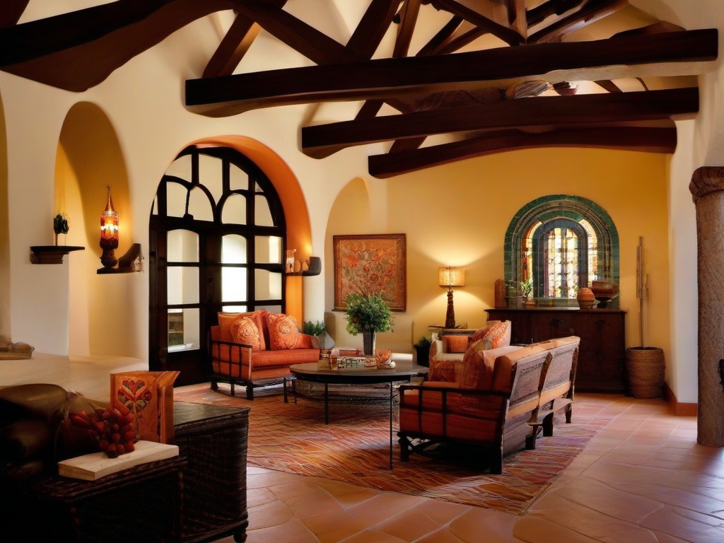 Spanish Revival living room with arched doorways, colorful tiles, and wooden beams evokes the charm of traditional Spanish architecture.  