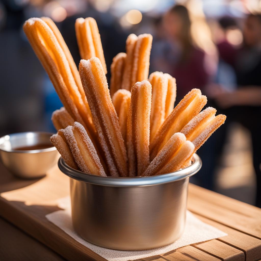 churros at a festive fair - savoring crispy churros dusted with cinnamon sugar at a lively fair. 