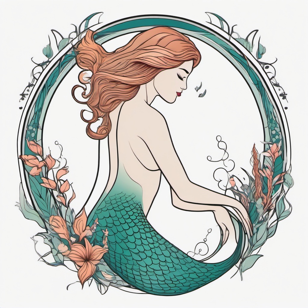 Nude Mermaid Tattoo - Capture the beauty of the human form with a nude or partially nude mermaid-themed tattoo.  simple vector color tattoo,minimal,white background