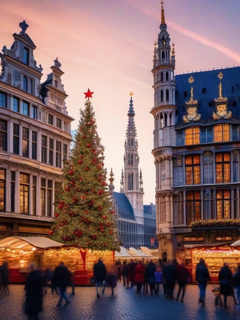 Christmas Desktop Wallpaper - Festive Market in Brussels' Grand-Place  wallpaper style, intricate details, patterns, splash art, light colors