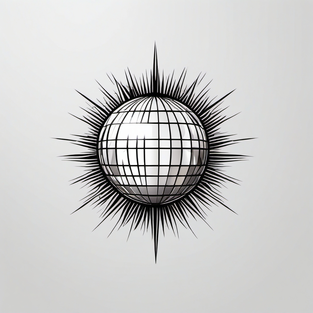 Disco Ball Sunburst - Capture the radiant energy of a sunburst through the facets of a disco ball in a tattoo.  minimal tattoo style, white background