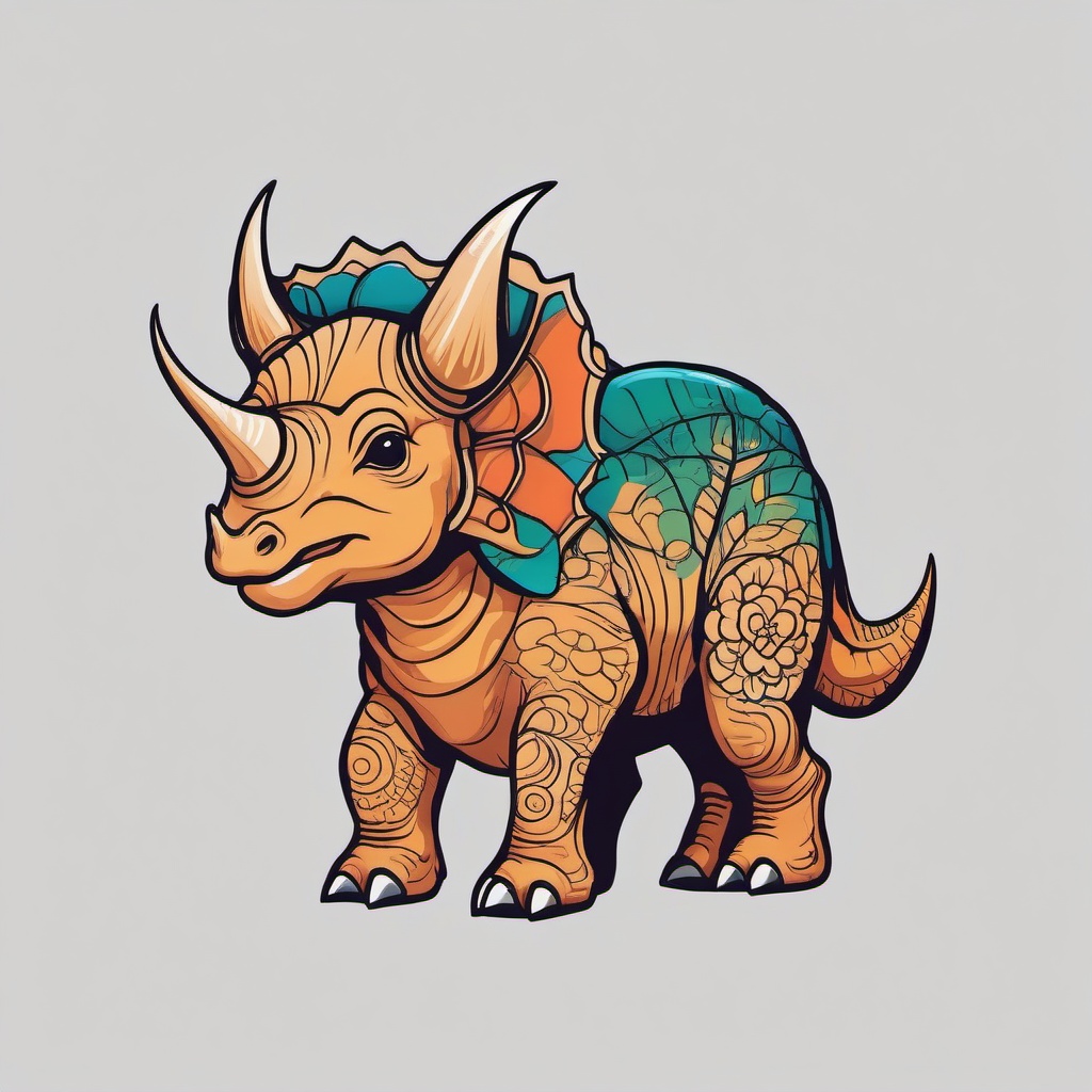 Cute Triceratops Tattoo - Capture the endearing essence of a Triceratops in a cute and charming tattoo.  simple vector color tattoo,minimal,white background