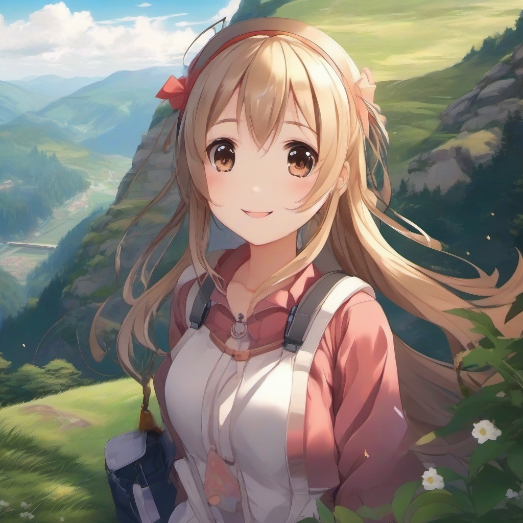 cheerful anime girl in mountain