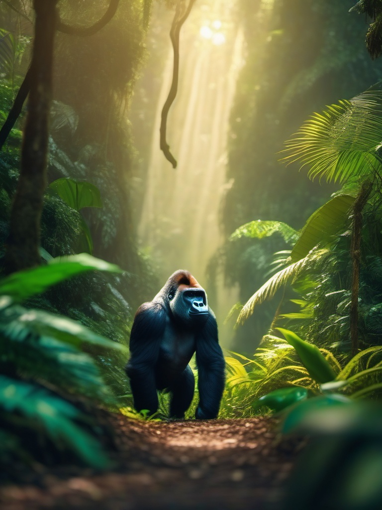 Cute Gorilla Navigating in a Tropical Rainforest 8k, cinematic, vivid colors