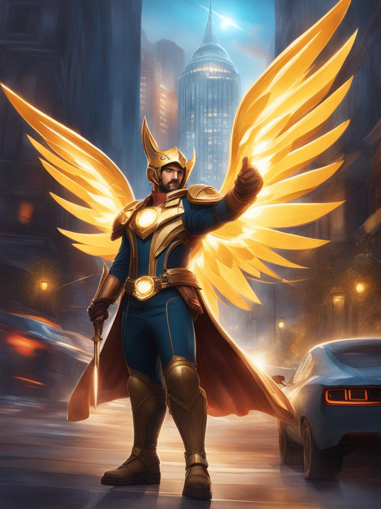 elemental hero shining flare wingman as a guardian in a whimsical cityscape. 