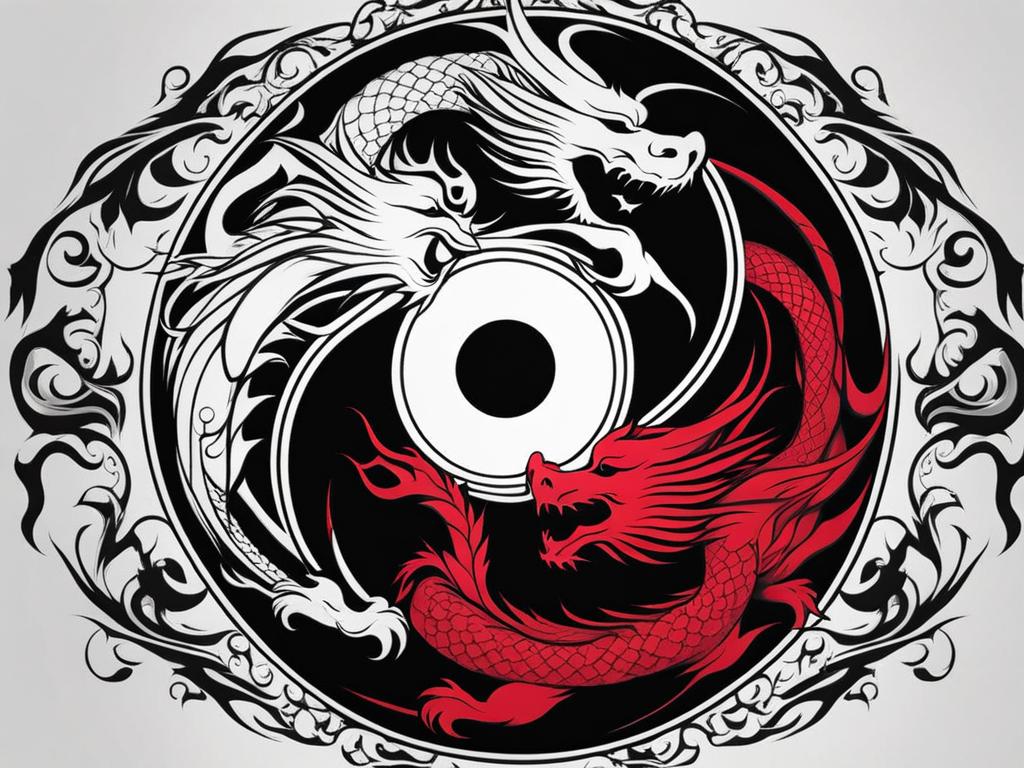 Yin yang with dragon tattoo, Tattoos that blend the symbolism of yin and yang with dragon imagery.  color, tattoo style pattern, clean white background