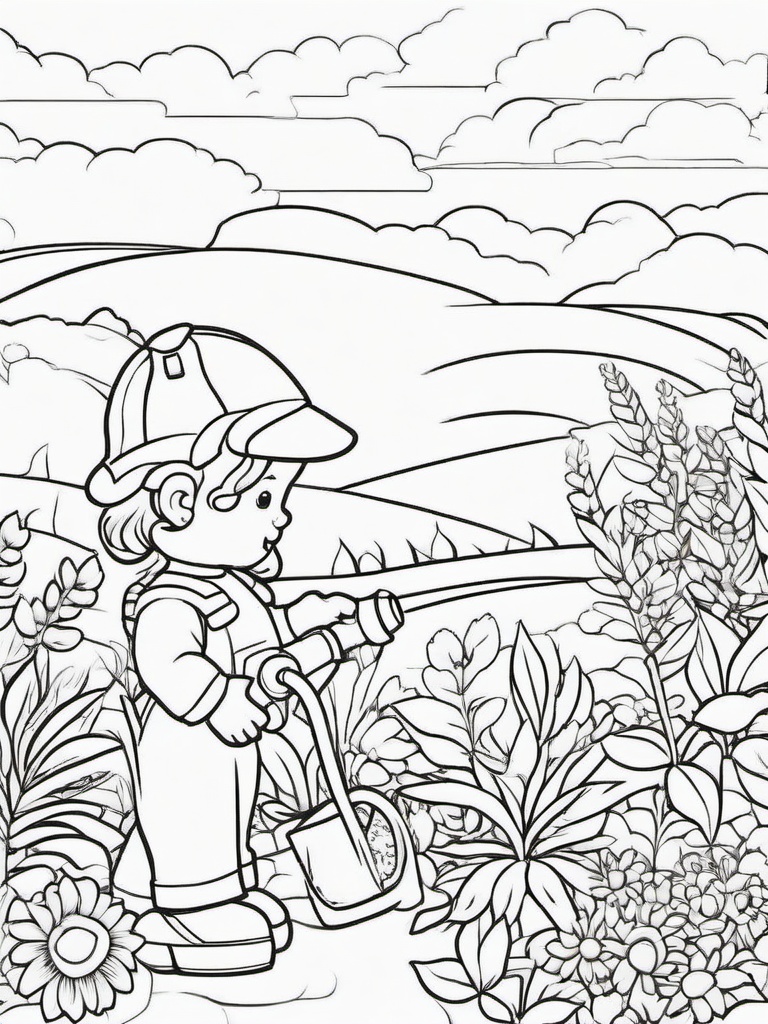 Summer Coloring Pages - Child watering plants in a blooming garden  simple coloring pages