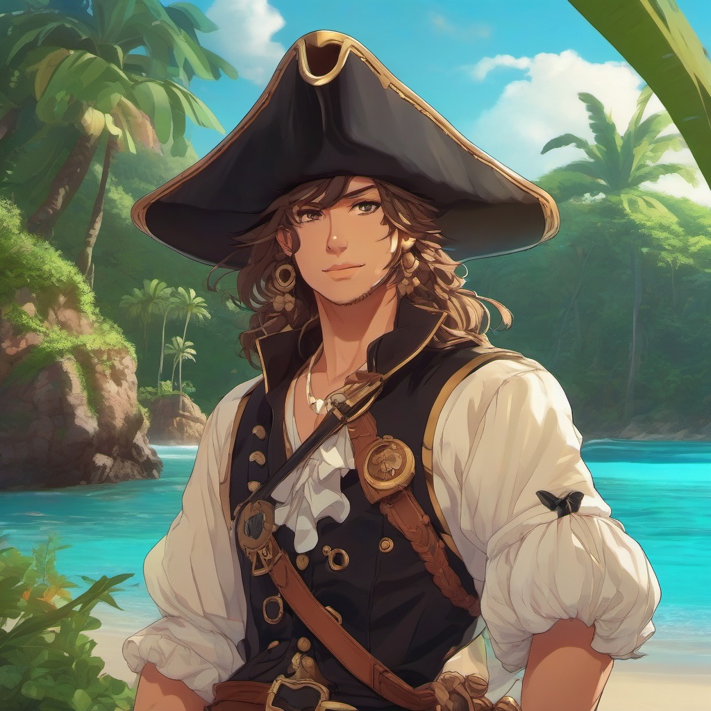 Adventurous pirate character on a tropical island. , aesthetic anime, portrait, centered, head and hair visible, pfp