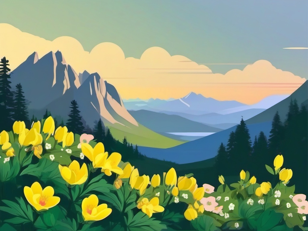 Mountain Aconite Clip Art - Aconite flowers adorning picturesque mountain settings,  color vector clipart, minimal style