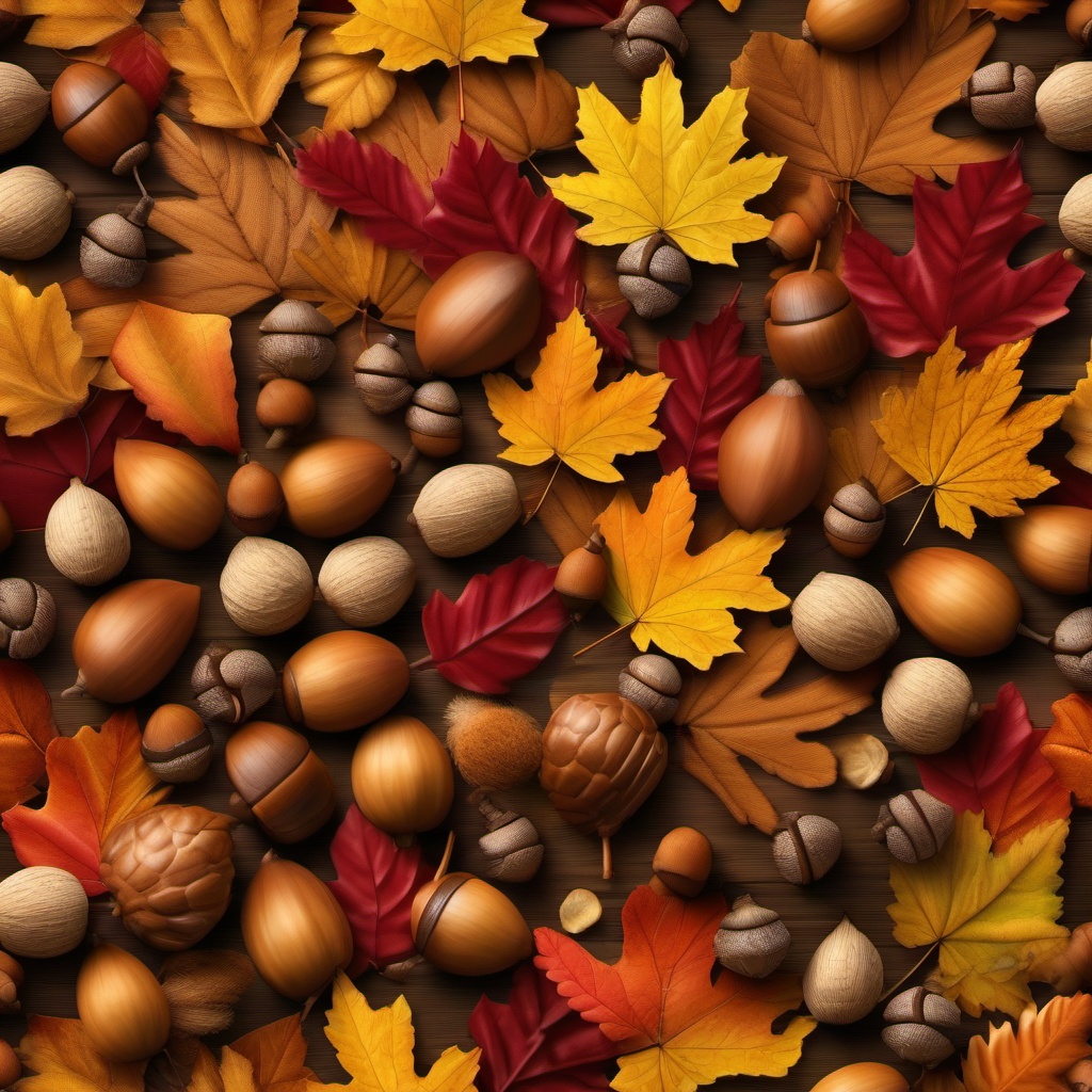 Autumn leaves and acorns top view, photo realistic background, hyper detail, high resolution