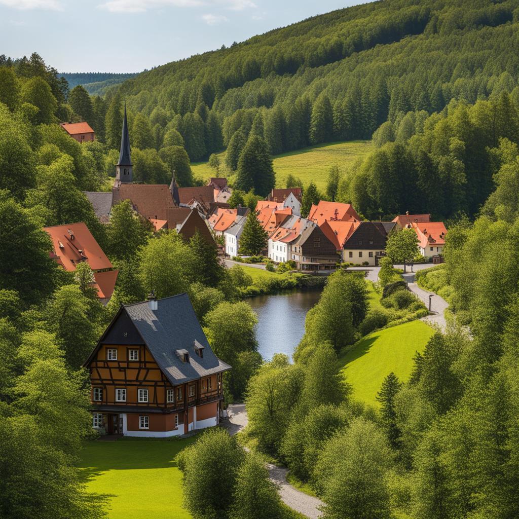 ore mountains' hidden gems - sketch the hidden gems of the ore mountains, including quaint villages and lush forests waiting to be explored. 