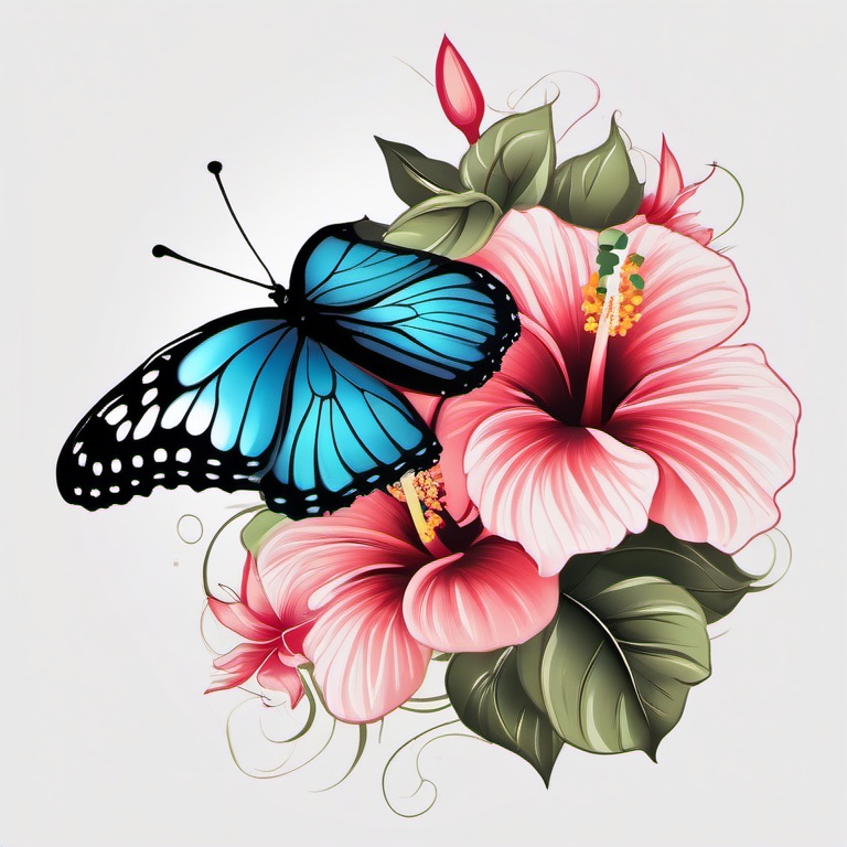 Butterfly and Hibiscus Tattoo - Infuse your ink with a blend of butterfly and hibiscus elements, creating a harmonious and visually striking composition.  simple color tattoo, minimal, white background