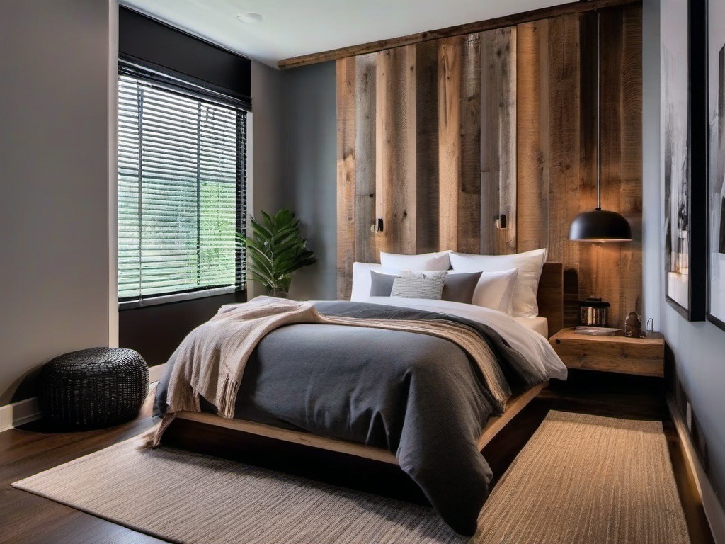 Modern rustic bedroom with reclaimed wood walls and minimalist decor.  